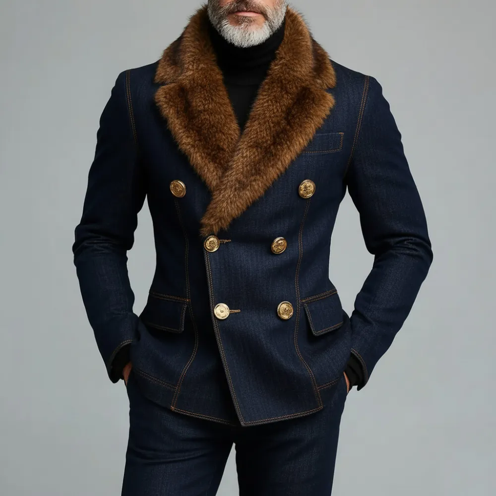 Men's Navy Blue Furry Collar Double Breasted Long Sleeve Denim Blazer