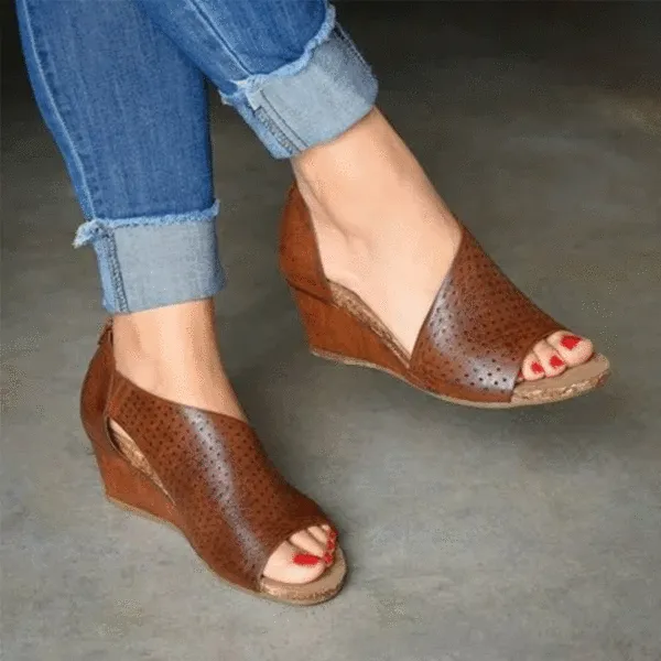 Hollow Out Plain  Peep Toe  Casual Date Wedge Sandals