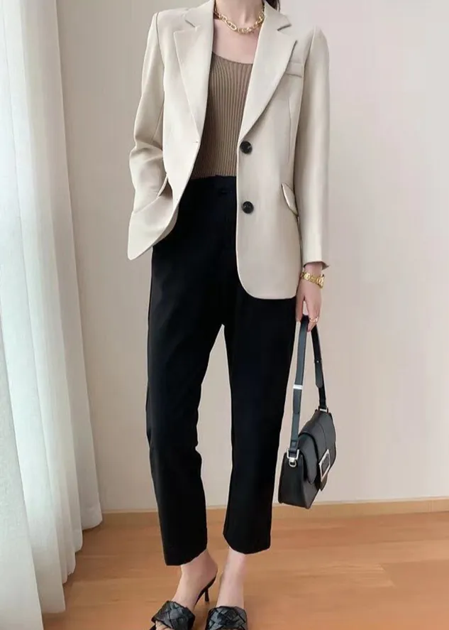 Lapel Collar Long Sleeve Plain Buckle Regular Loose Blazer For Women