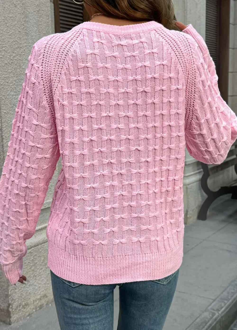 Pink Button Long Sleeve Round Neck Sweater