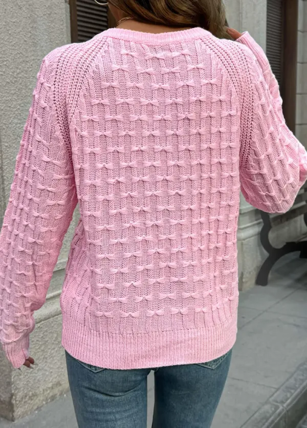 Pink Button Long Sleeve Round Neck Sweater