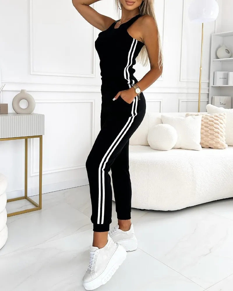 3 Piece Outfits Matching Sets Striped Tape Patch Tank Tops Button Front Jacket Cuffed Pants with Pockets Tracksuit