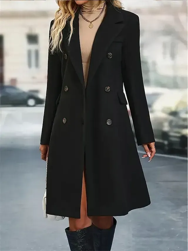 Women's Winter Coat Long Overcoat Double Breasted Lapel Trench Coat Thermal Warm Windproof Jacket Fall Casual Street Outerwear Long Sleeve Fall Winter Black Khaki