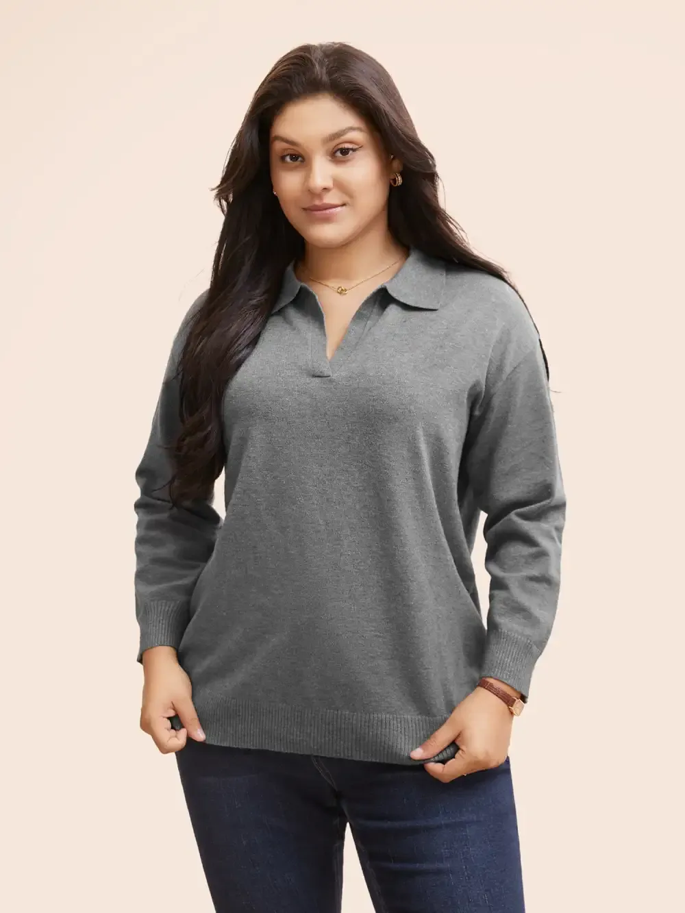 Polo Neck Drop Shoulder Sleeve Soft Pullover