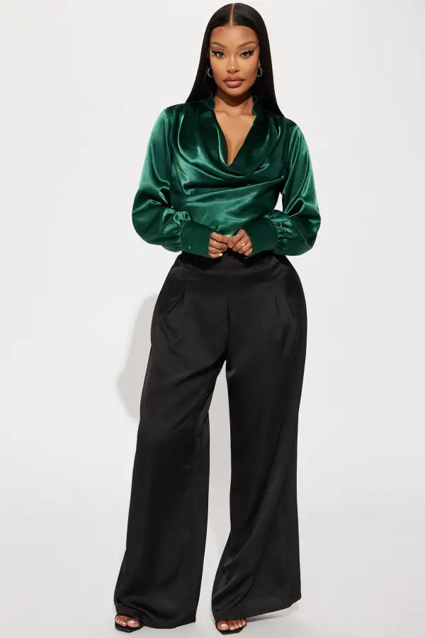 Look My Way Satin Blouse Top - Hunter