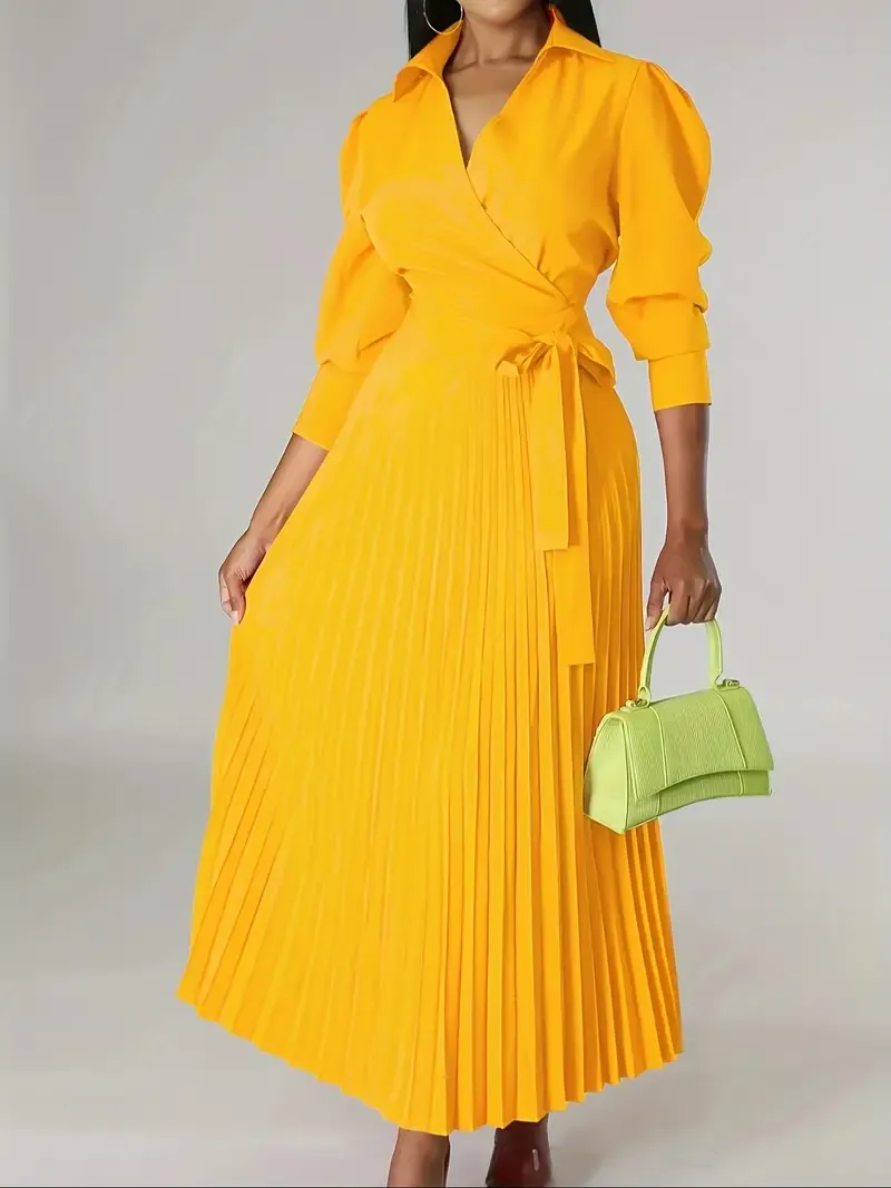 Elegant 3/4 Sleeve Solid Pleated Dress