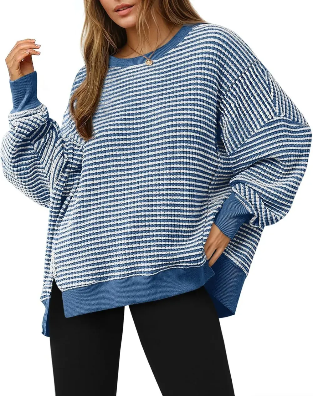 ✨Women's Oversized Sweatshirt Waffle Long Sleeve Split Pullover Tunic Tops