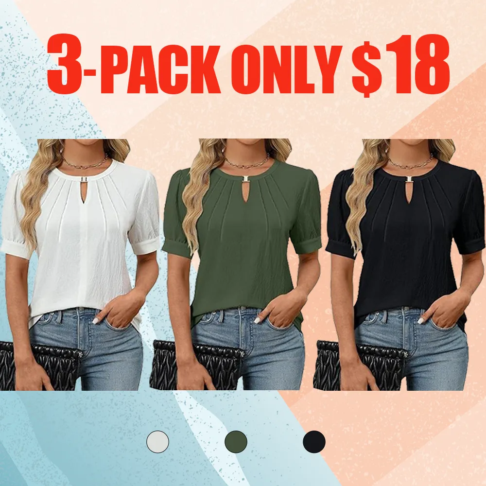 Women's Dressy Keyhole Blouse – Puff Sleeve Pleated Top for Work or Casual Wear