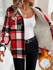 Women's Sherpa Jacket Comfortable Breathable Pocket Print Casual Plaid Vacation Street Daily Wear Going out Single Breasted Regular Hoodie Regular Fit Long Sleeve Outerwear Red Green Khaki Spring Fall