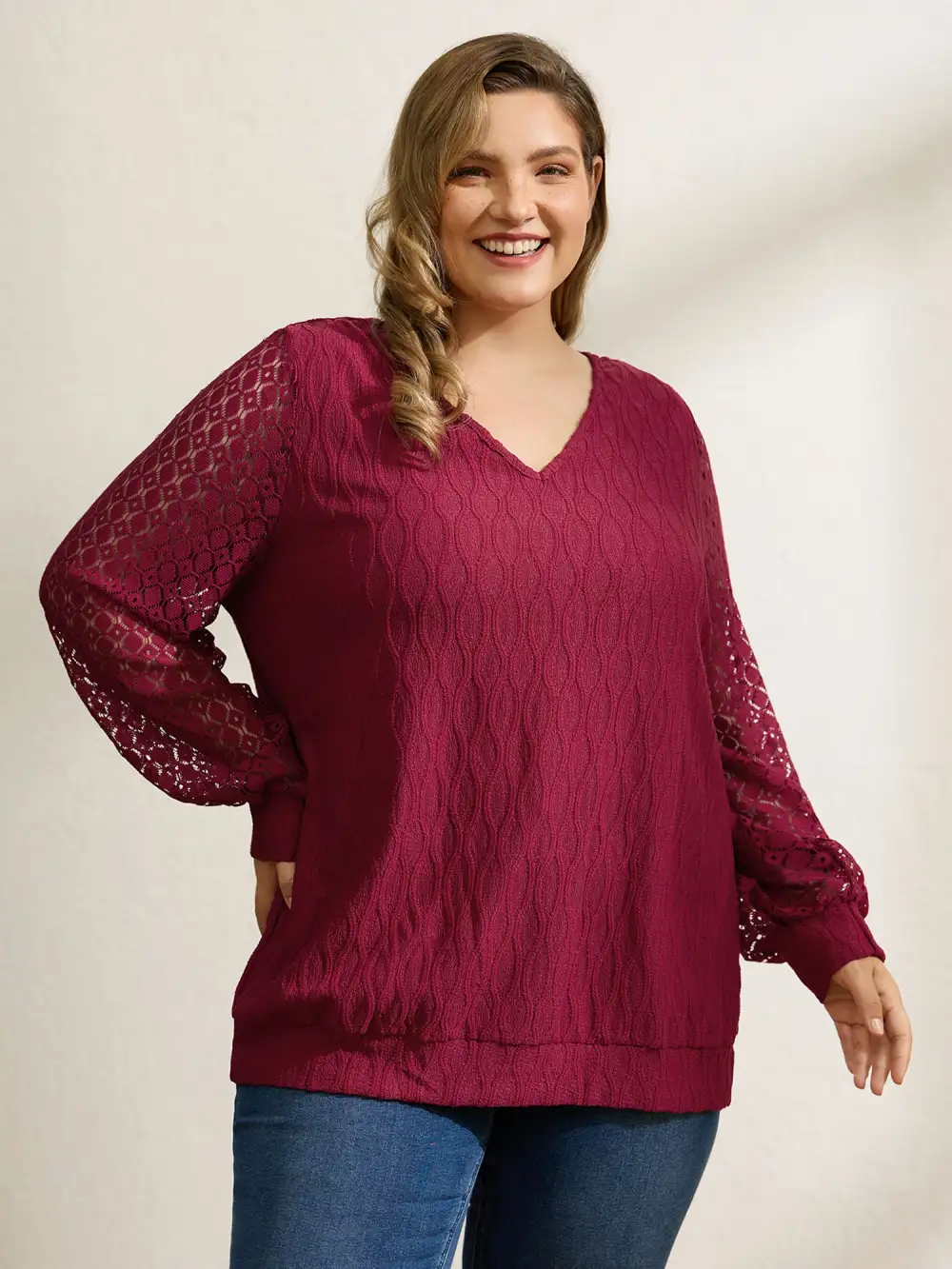 Sheer Textured Sleeve Stretchy Knit Top