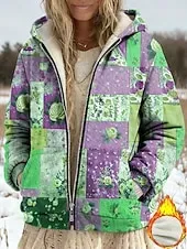 Women's Winter Coat Fleece Jacket Casual Jacket Warm Zipper Pocket Print Fashion Casual Floral Street Casual Regular Hoodie Loose Fit Long Sleeve Outerwear Blue Purple Green Spring Fall