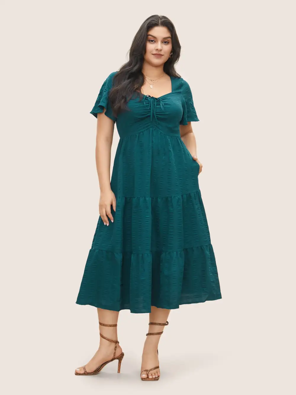 Plain Ruched Drawstring Pocket Ruffle Tiered Dress