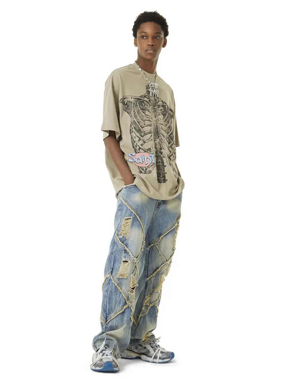 Heavy Washed Ripped Plaid Stitching Hip-Hop Jeans - 2174