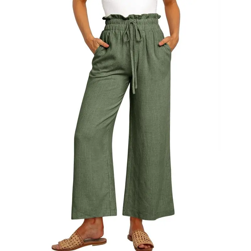 Women's Linen Wide Leg Pants – High Waist Drawstring Trousers with Pockets