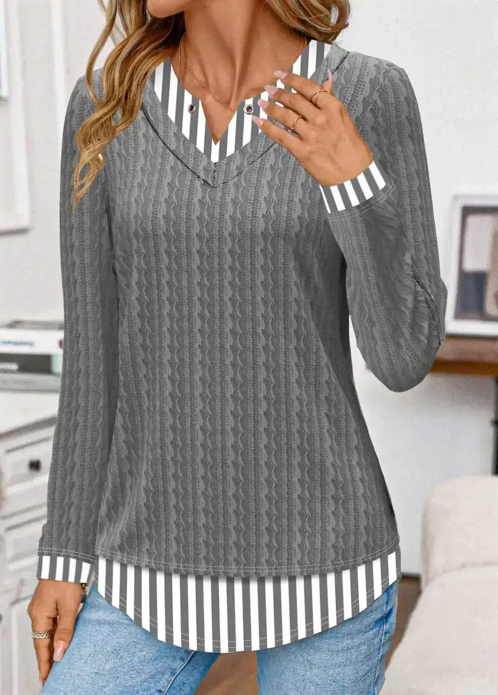 Grey Patchwork Striped Long Sleeve Fake Two Piece Twinset