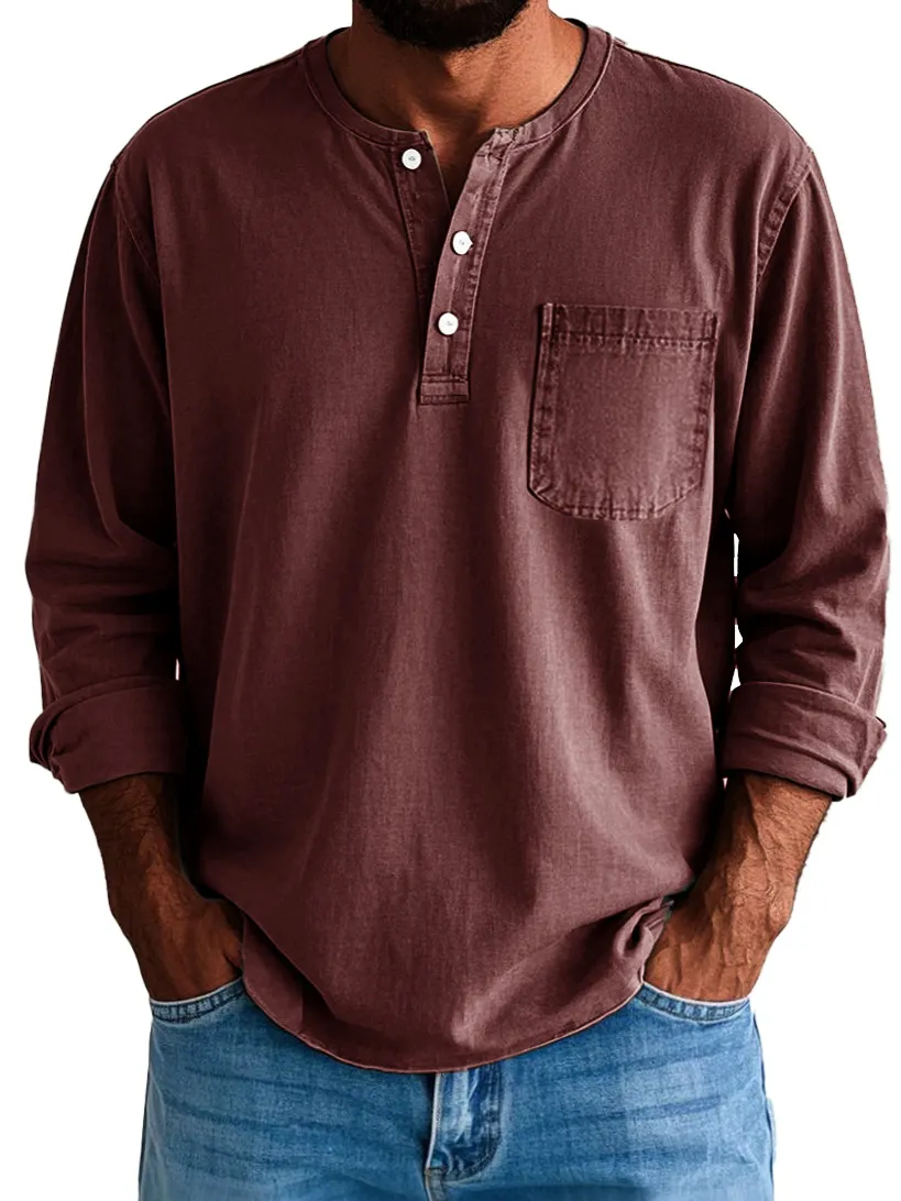Men's Fashion Vintage Washed Cotton Long Sleeve Pocket Henley Shirt