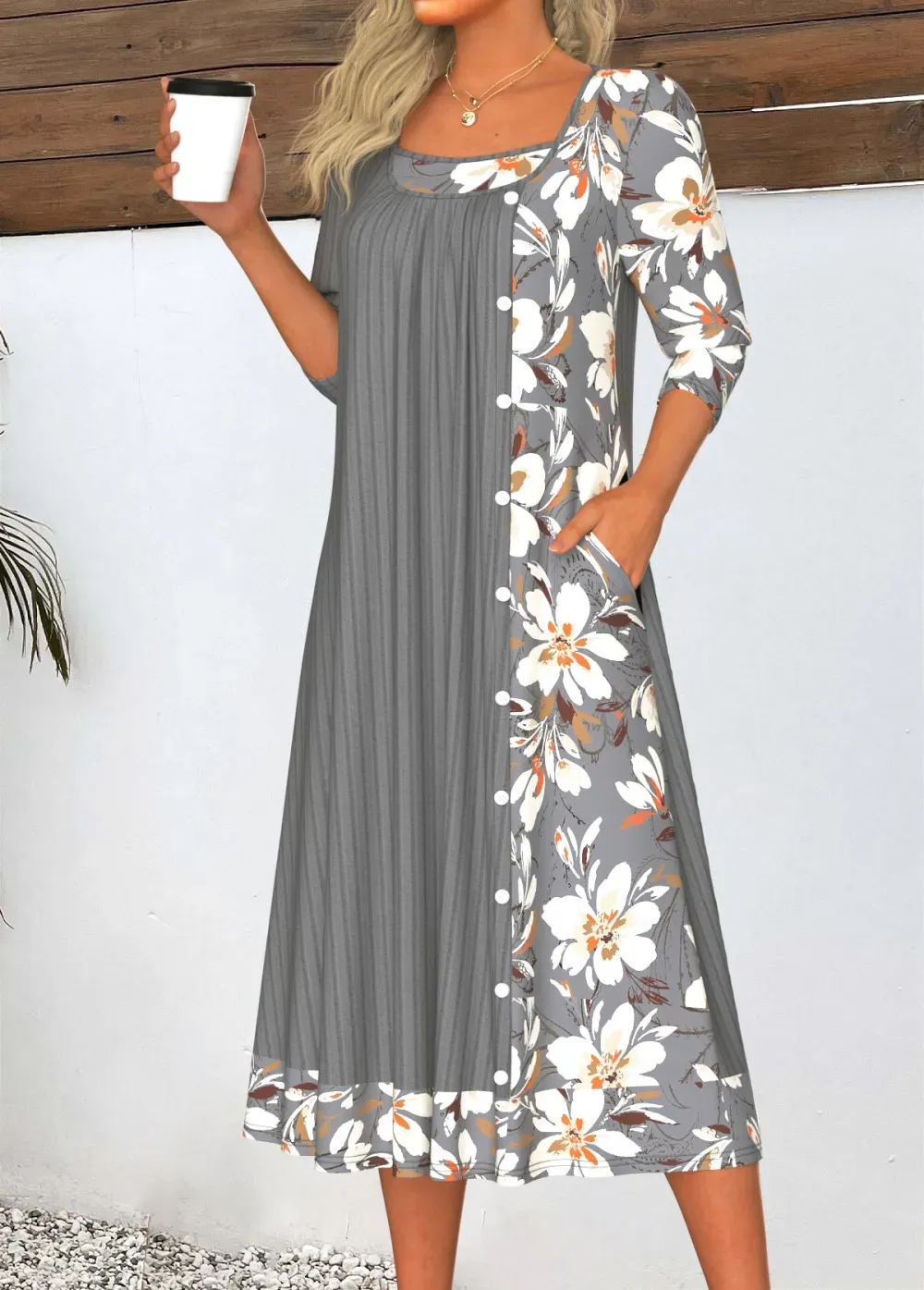 Dark Grey Patchwork Floral Print A Line Dress