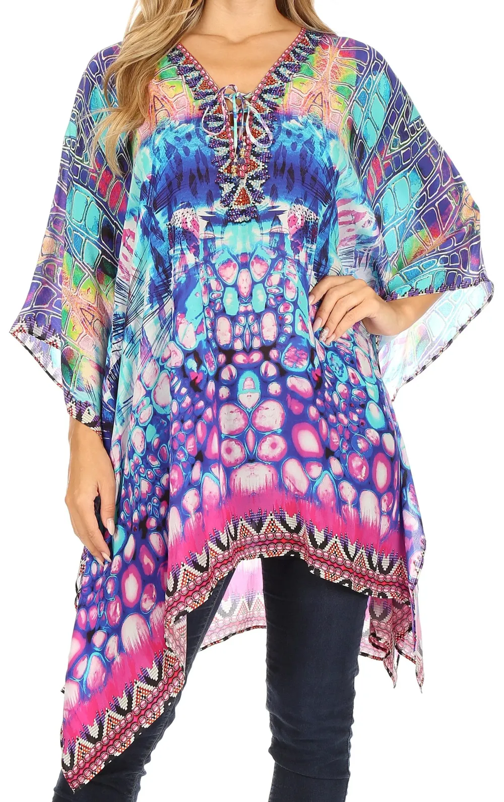 Women's Caftan Poncho Cover up V neck Top Lace up With Rhinestone
