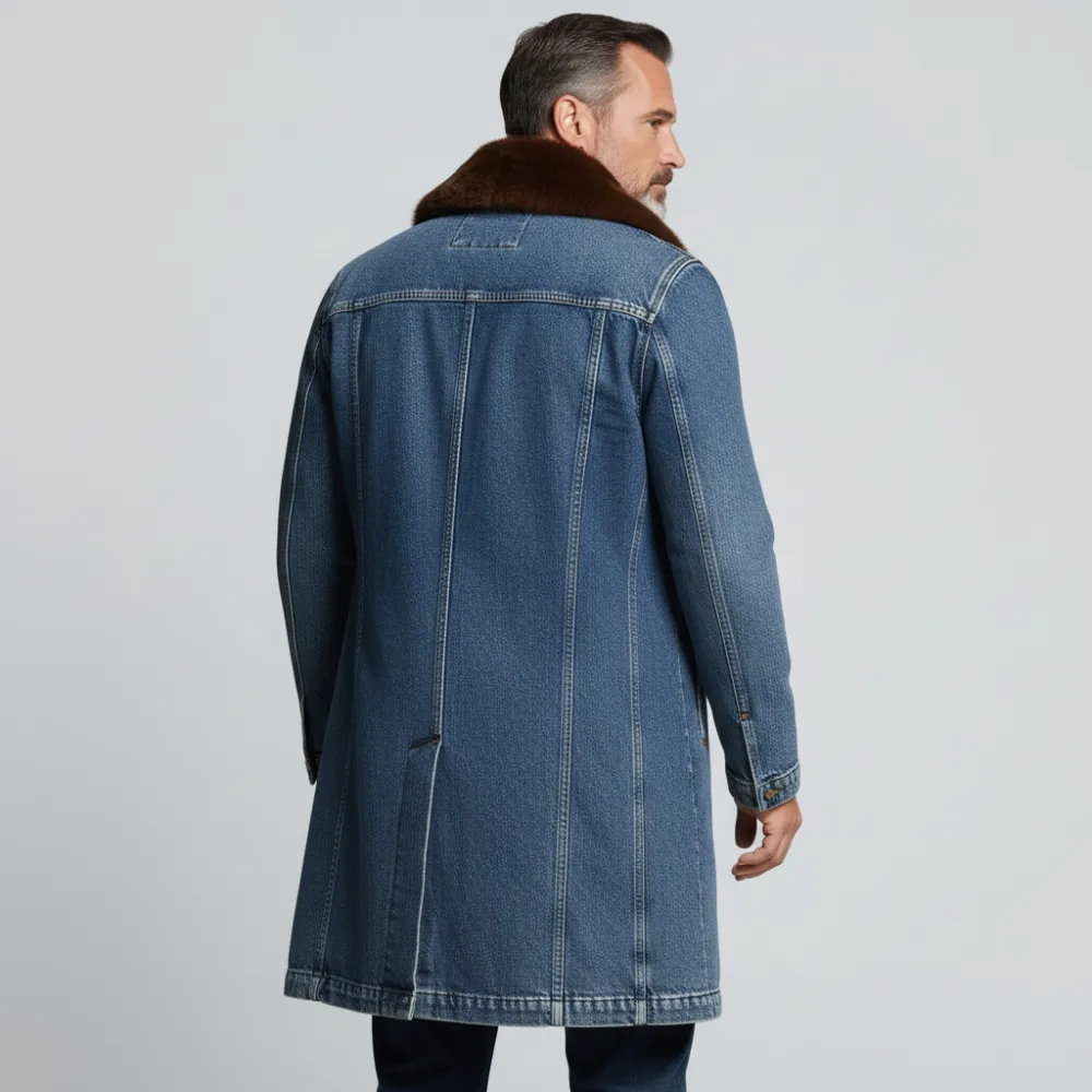 Men's Blue Furry Collar Double Breasted Long Sleeve Denim Overcoat