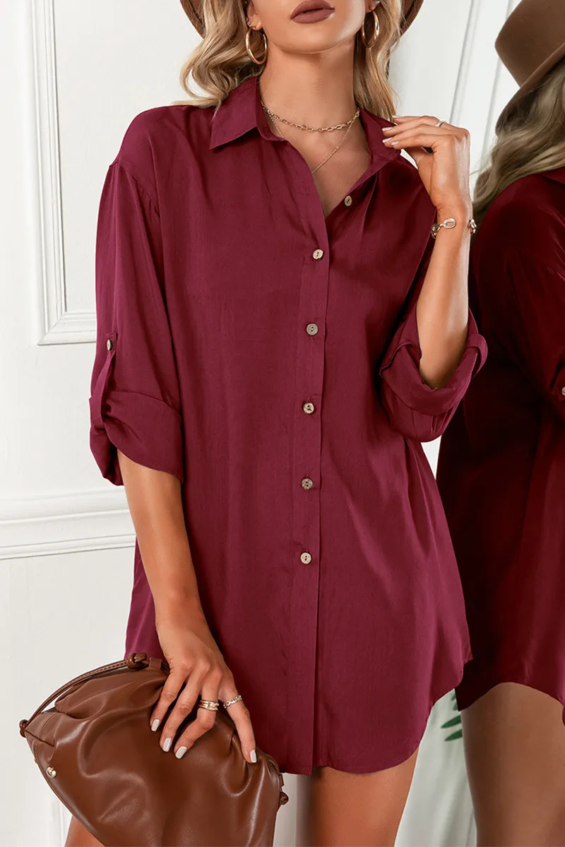 Casual Solid Buckle Turndown Collar Shirt Dress (6 Colors)