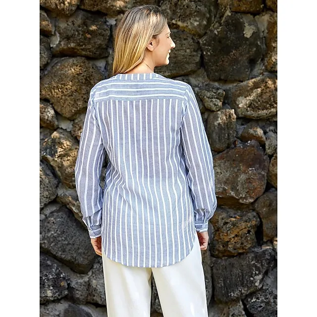 Women's Blouse Light Blue Stripes V Neck Button Front Office Shirt Long Sleeve Blouse For Spring  Summer Autumn