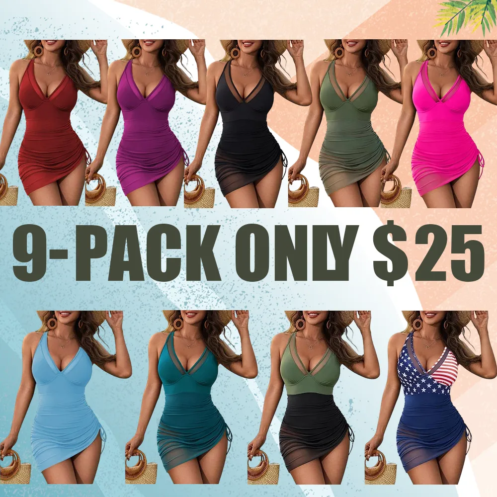 Women's One-Piece Swim Dress with Tummy Control & Sheer Mesh Sarong Wrap