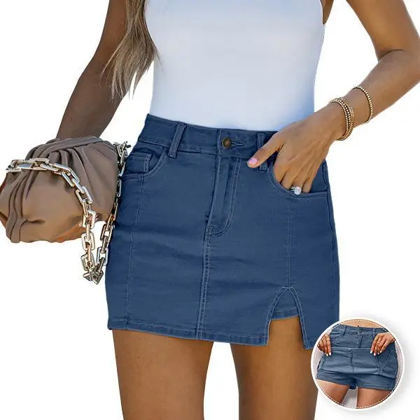 Women’s High Waisted Denim Skort with Side Slit