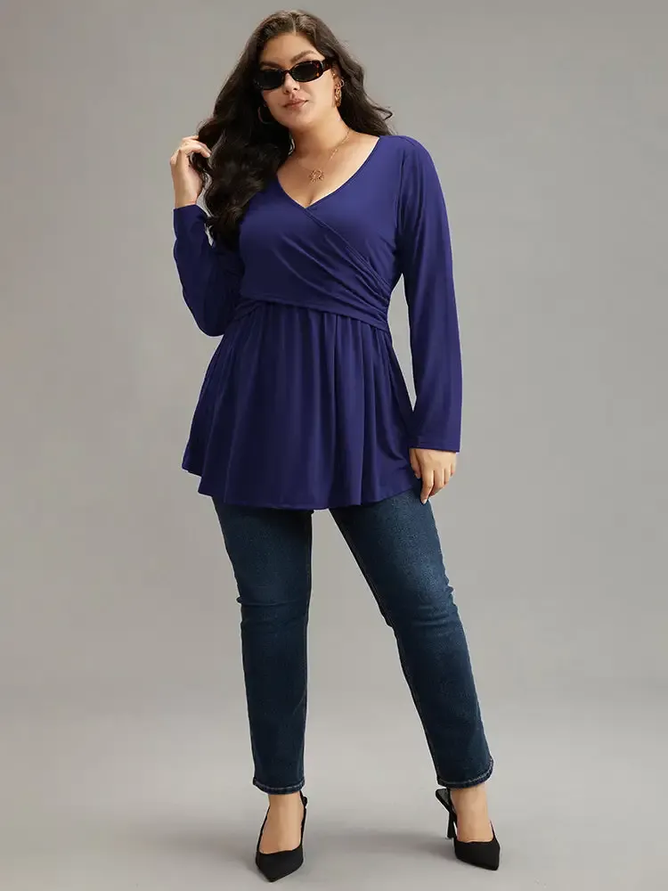 Solid Crossover V Neck Ruffle Hem T-Shirt