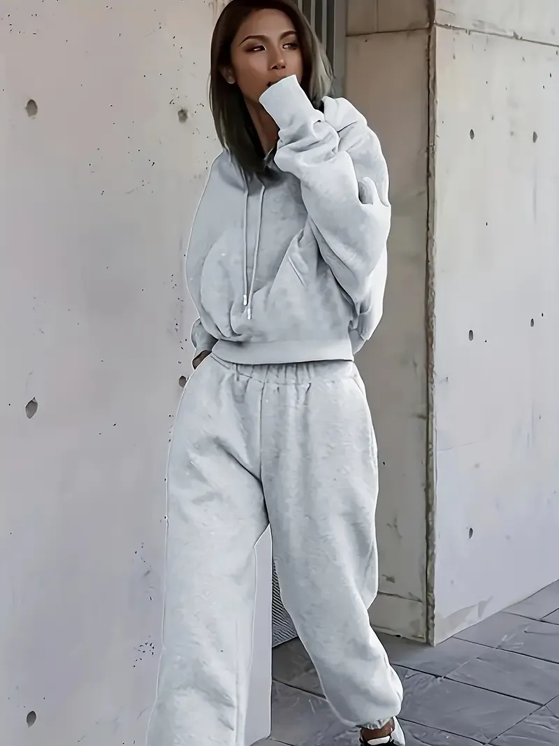 2PCS Oversized Athleisure Set: Solid Hooded Pocket Drawstring Sweatshirts & Sweatpants Sets for Women, Plus Size Comfortable Clothing