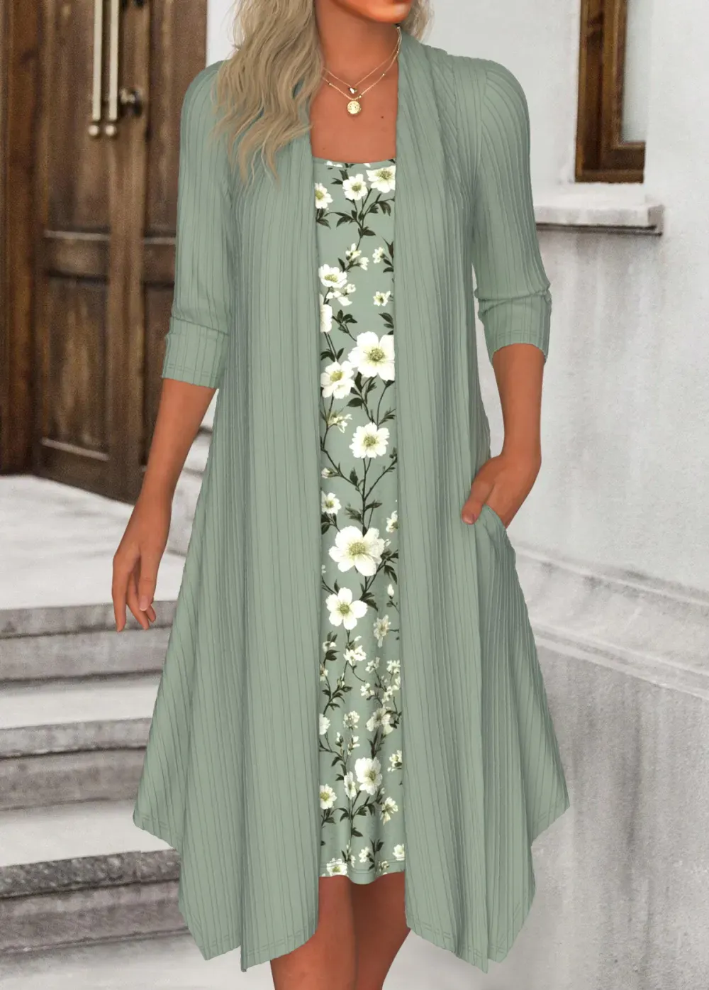 Sage Green Fake 2in1 Floral Print A Line Dress