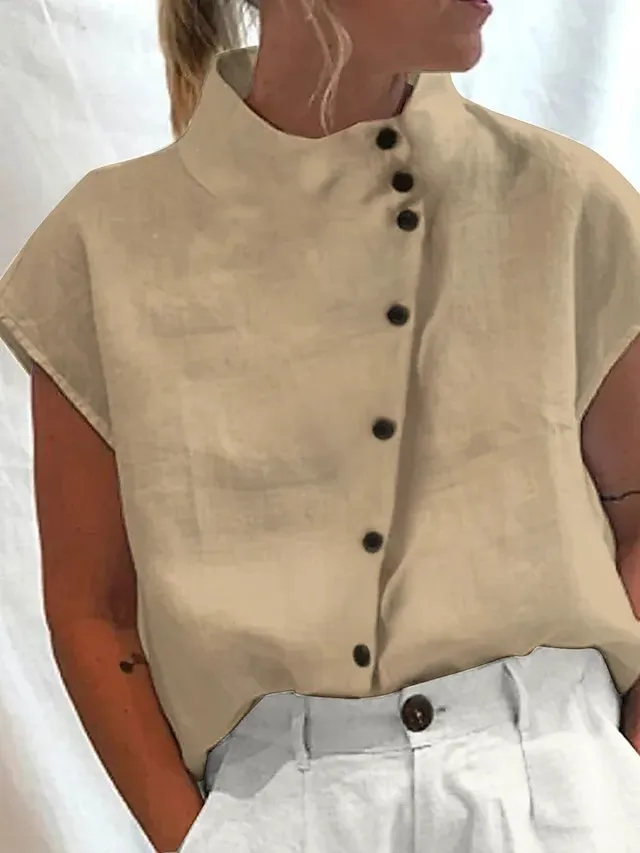 Women's Shirt Blouse Turtleneck shirt Plain Light Blue Black White Button Short Sleeve Casual Fashion Basic Elegant Standing Collar Regular Fit