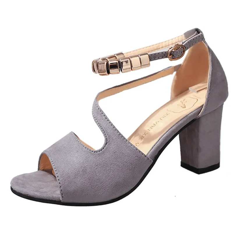 Beaded buckle block heel sandals