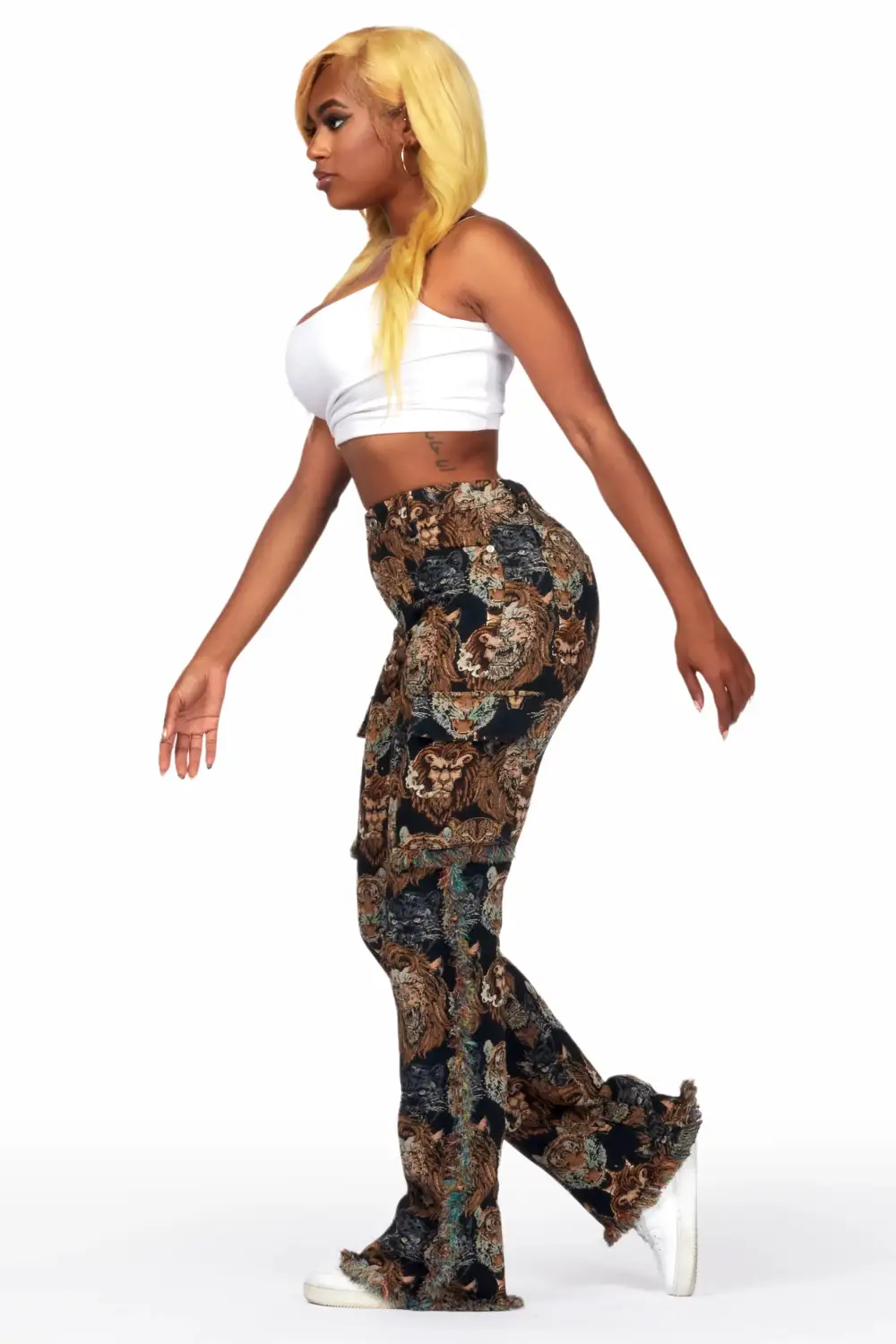 Khadiyah Black Animal Print Tapestry Stacked Pant