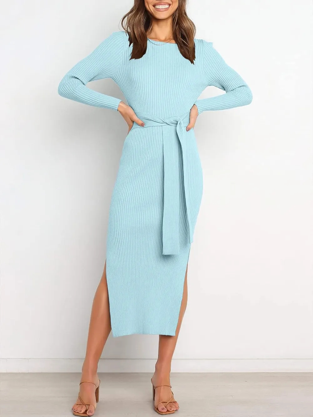 Long Sleeve Sweater Dress Crew Neck Slim Fit Slit Tie Waist 2024 Ribbed Knit Bodycon Midi Dress Fall Outfits