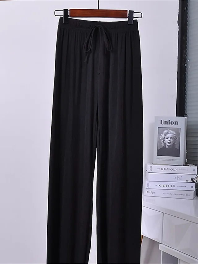 Women's Wide Leg Chinos Baggy Mid Waist Full Length Black Summer