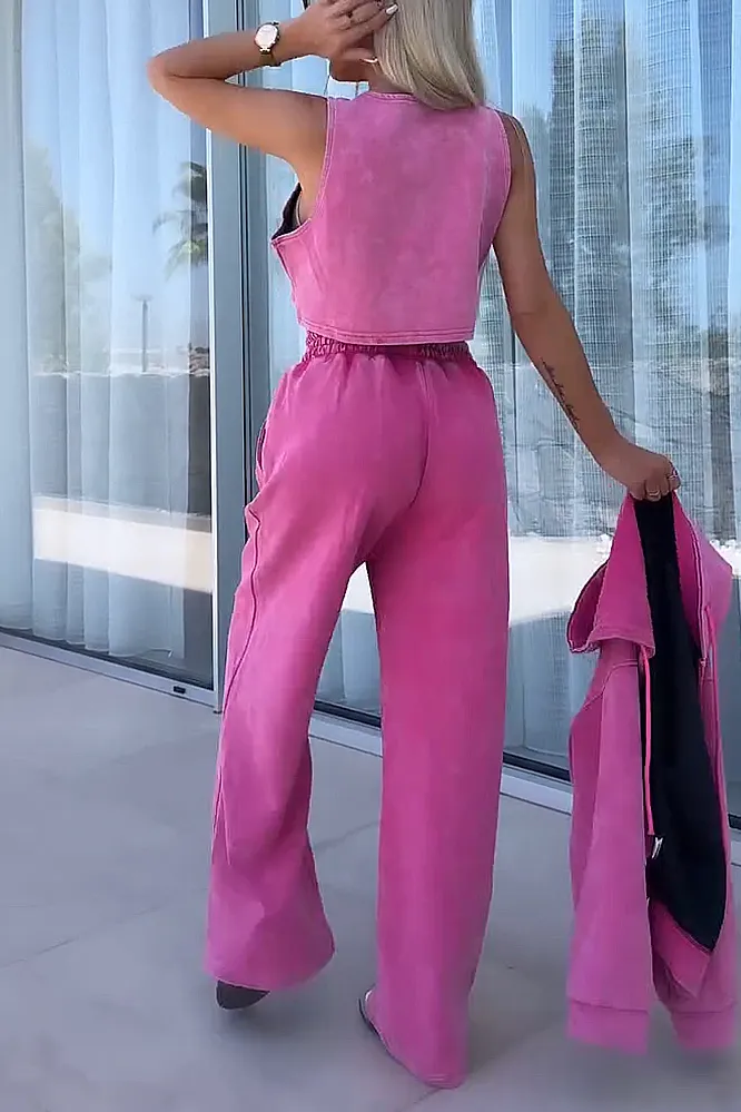 Women's Solid  Color Vest And Hooded Sweatshirt & Elastic Knitted Pants Three-piece Set