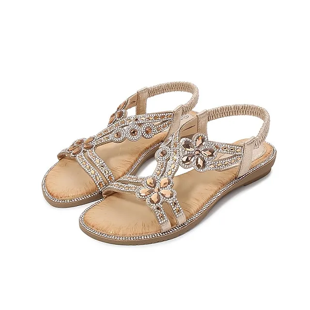 Women's Sandals Boho Bohemia Beach Flat Sandals Plus Size Outdoor Beach Rhinestone Flat Heel Elegant Casual PU Loafer Silver Rose Gold Black