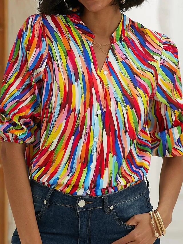 Women's Shirt Blouse Graphic Button Print Casual Basic Long Sleeve Standing Collar Blue Spring Fall