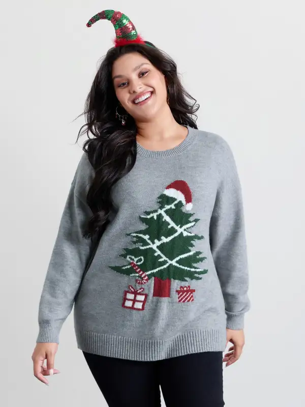 Holiday Tree Jacquard Round Neck Pullover