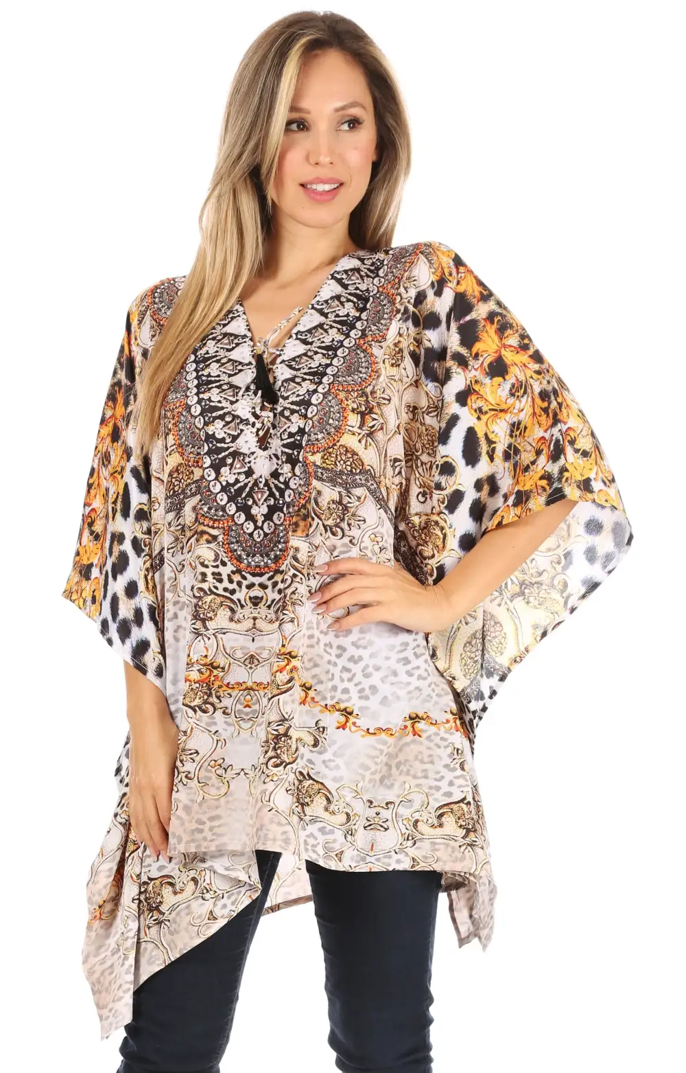 Women's Caftan Poncho Cover up V neck Top Lace up With Rhinestone