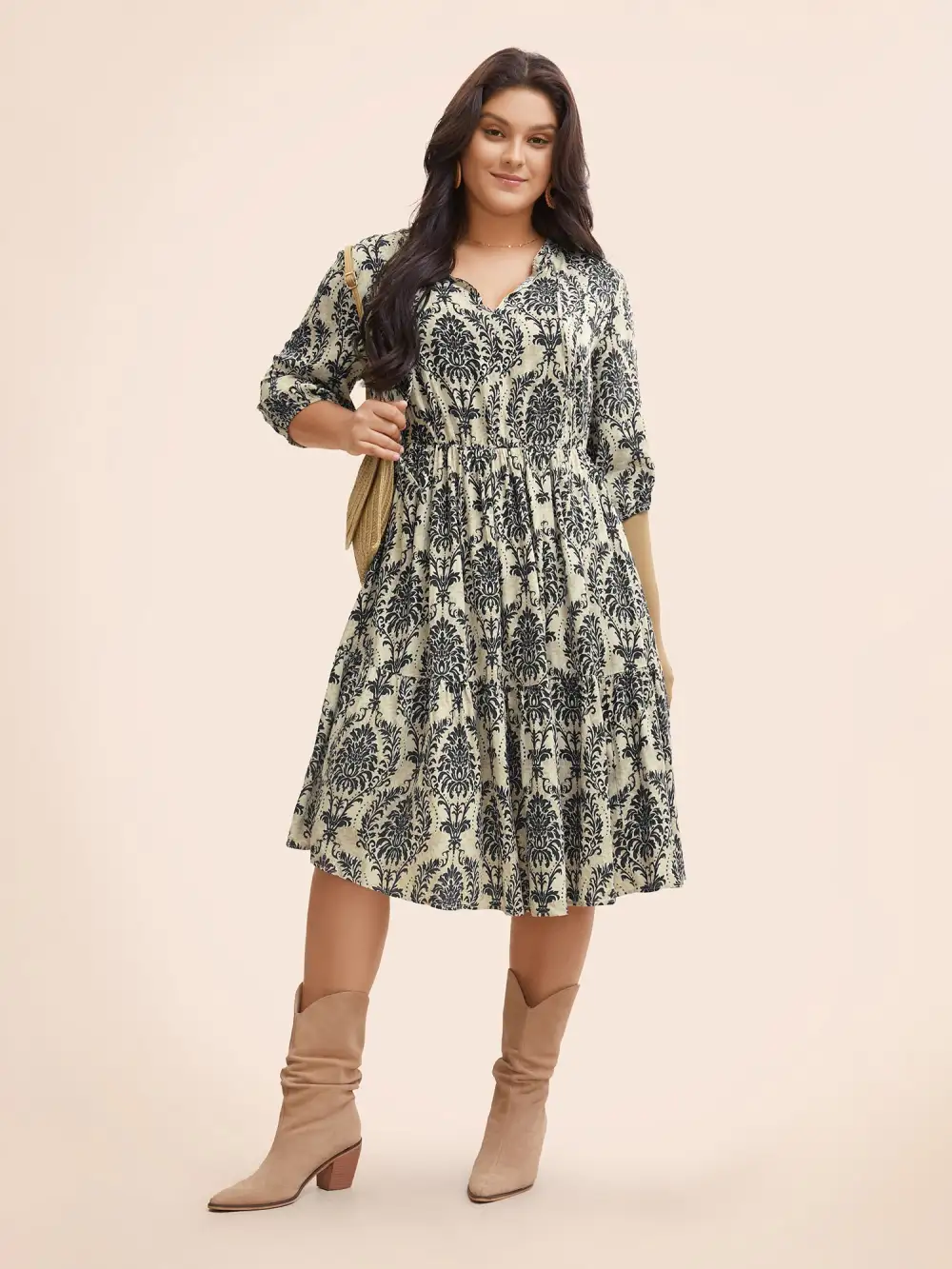 Damask Print Tie Knot Puff Sleeve Dress