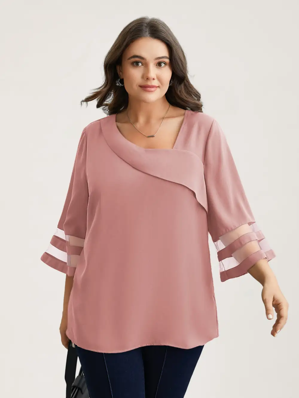 Sheer Sleeve Patchwork Asymmetrical Neckline Blouse
