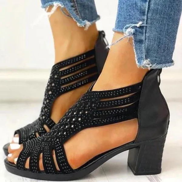 Women's fashion rhinestone cutout block heel sandals
