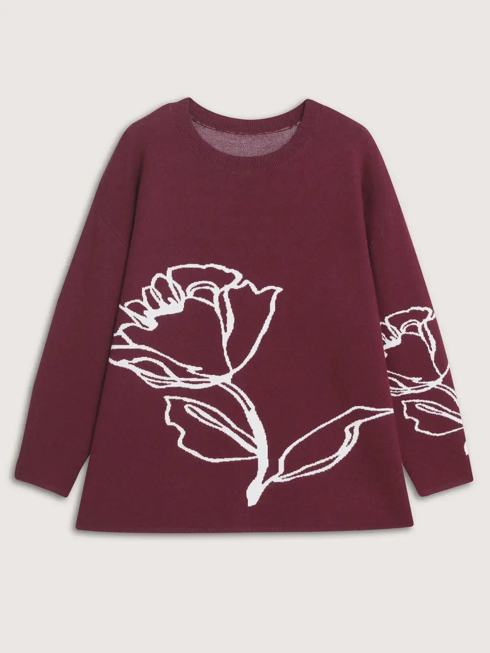 Rose Pattern Jacquard Round Neck Pullover