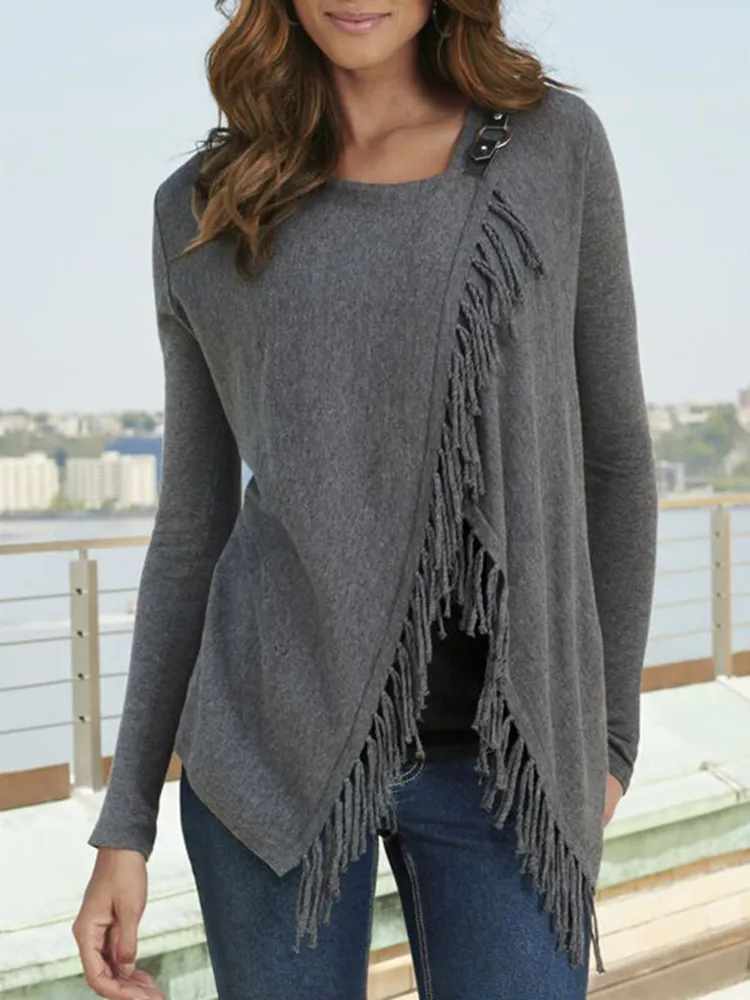 Solid Color Fringe Casual Loose Cardigan