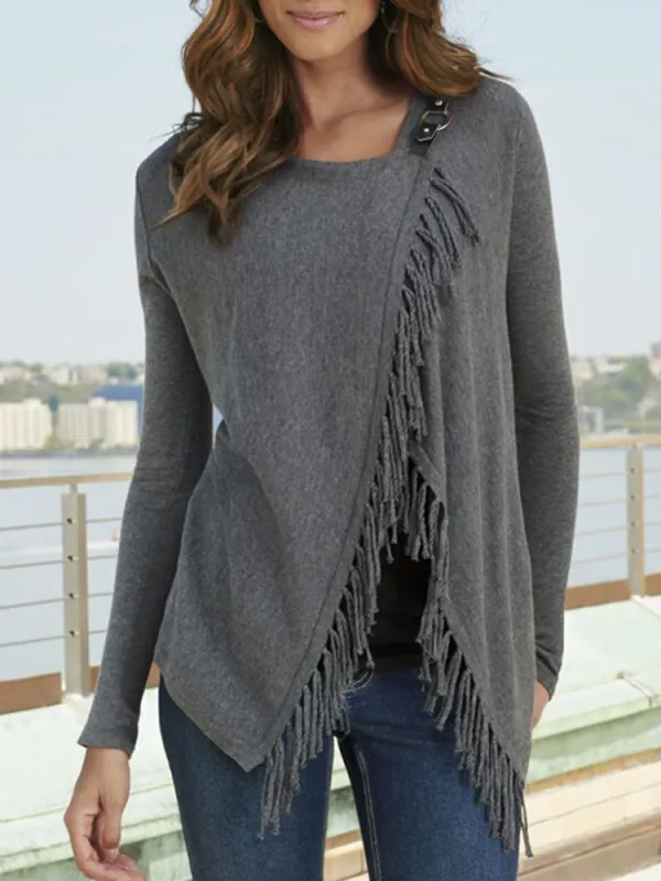Solid Color Fringe Casual Loose Cardigan