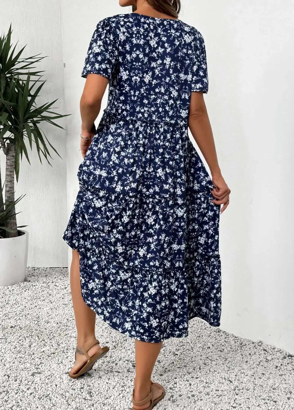 Navy Ditsy Floral Print Short Sleeve V Neck Dress
