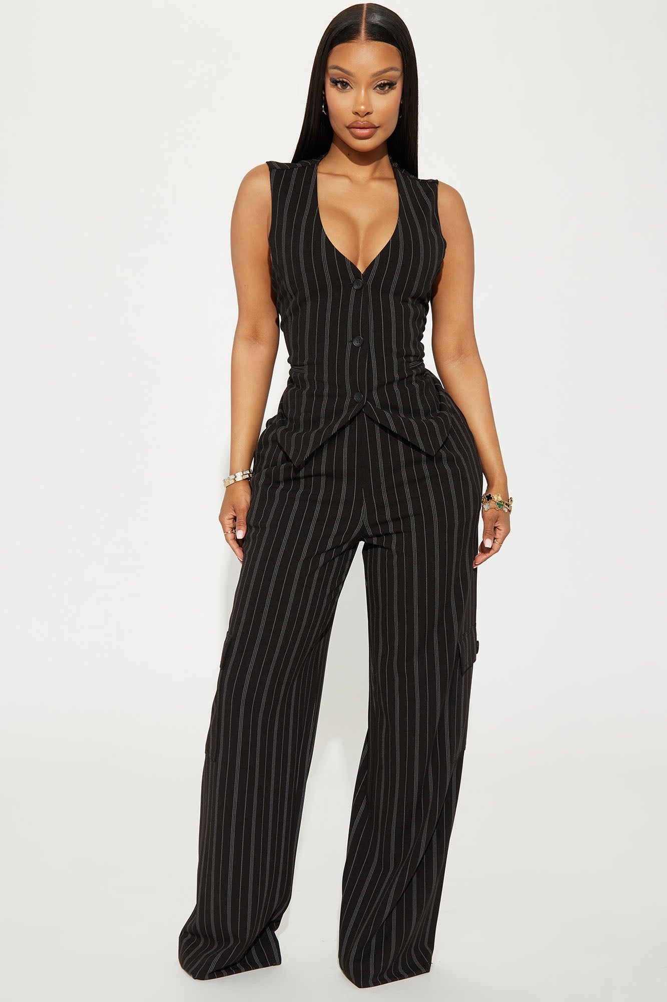 Heidy Pinstripe Vest Pant Set - Black
