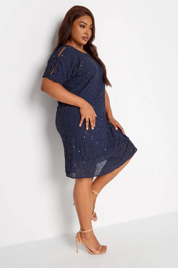 LUXE Curve Black Sequin Hand Embellished Cold Shoulder Cape Dress