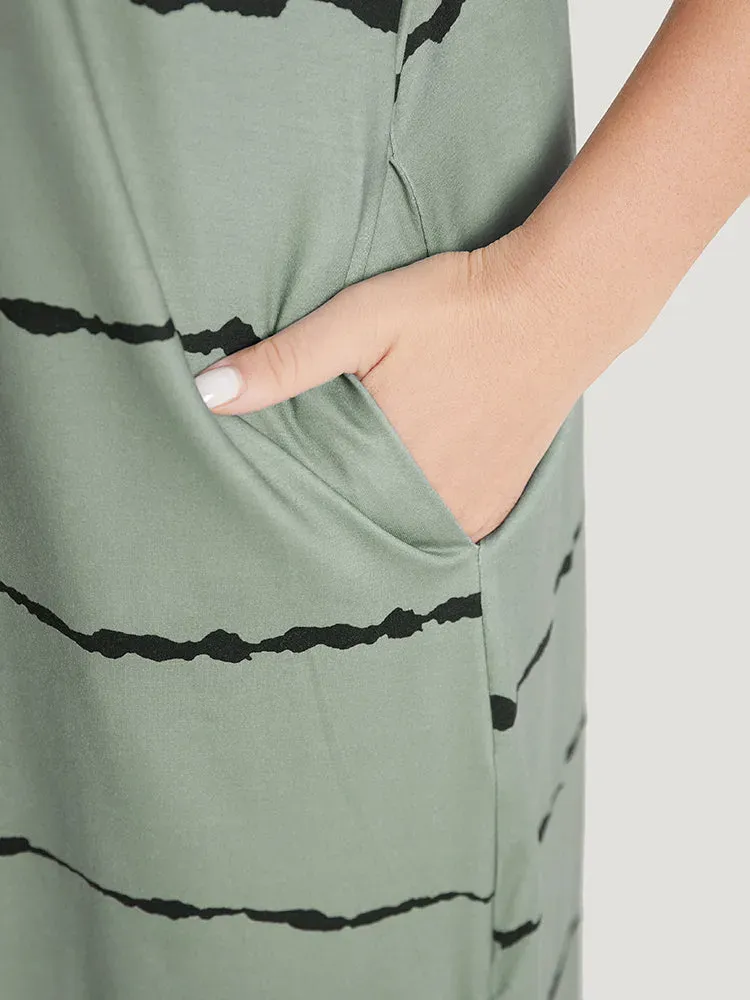 Striped Print Petal Sleeve Pocket Split Hem Dress